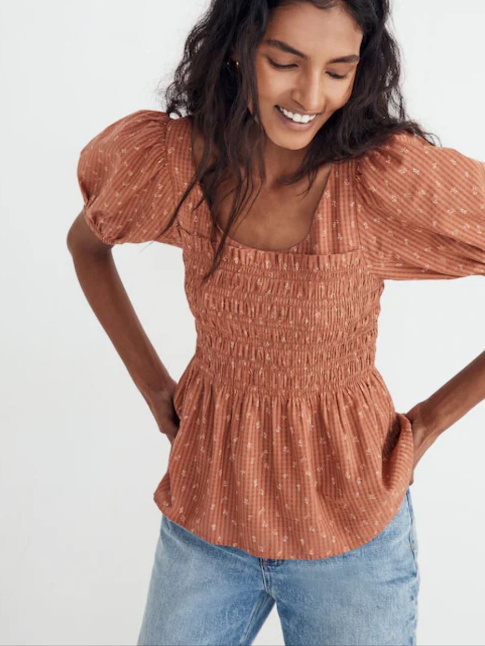 Madewell Bubble-Sleeve Smocked Peplum Top in Berry Stems